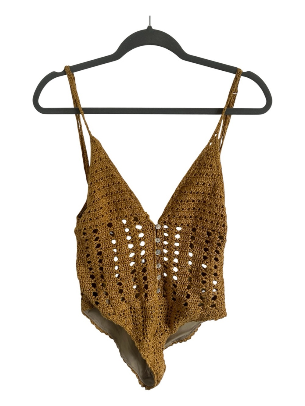 Tularosa Crochet One-Piece Swimsuit in Mustard, size medium